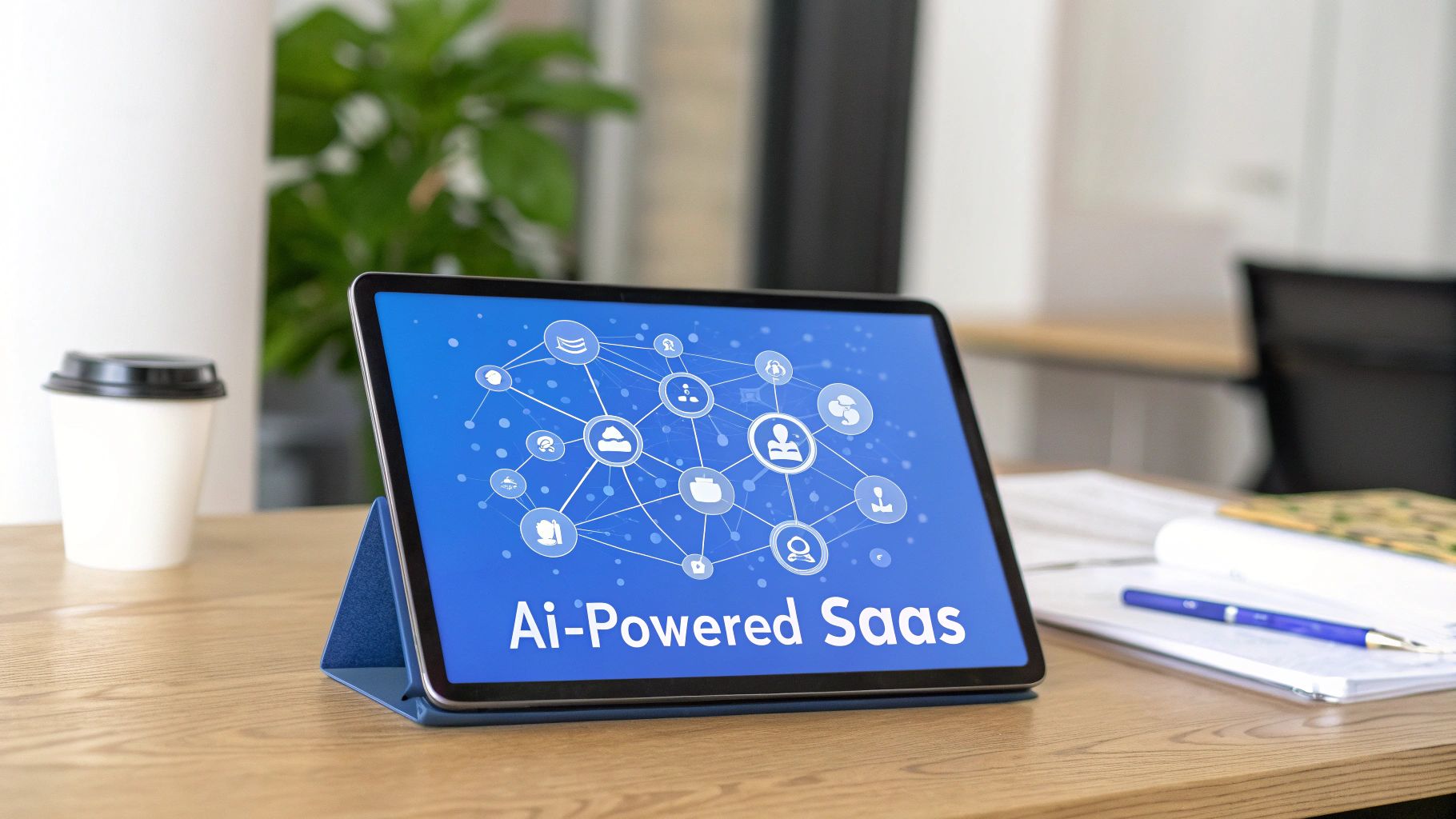 A tablet on a wooden desk displaying 'AI-Powered SaaS' with a network diagram and a coffee cup.