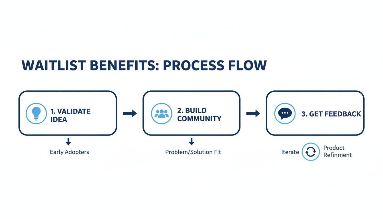 A flowchart detailing waitlist benefits, including validating ideas, building community, and getting feedback.
