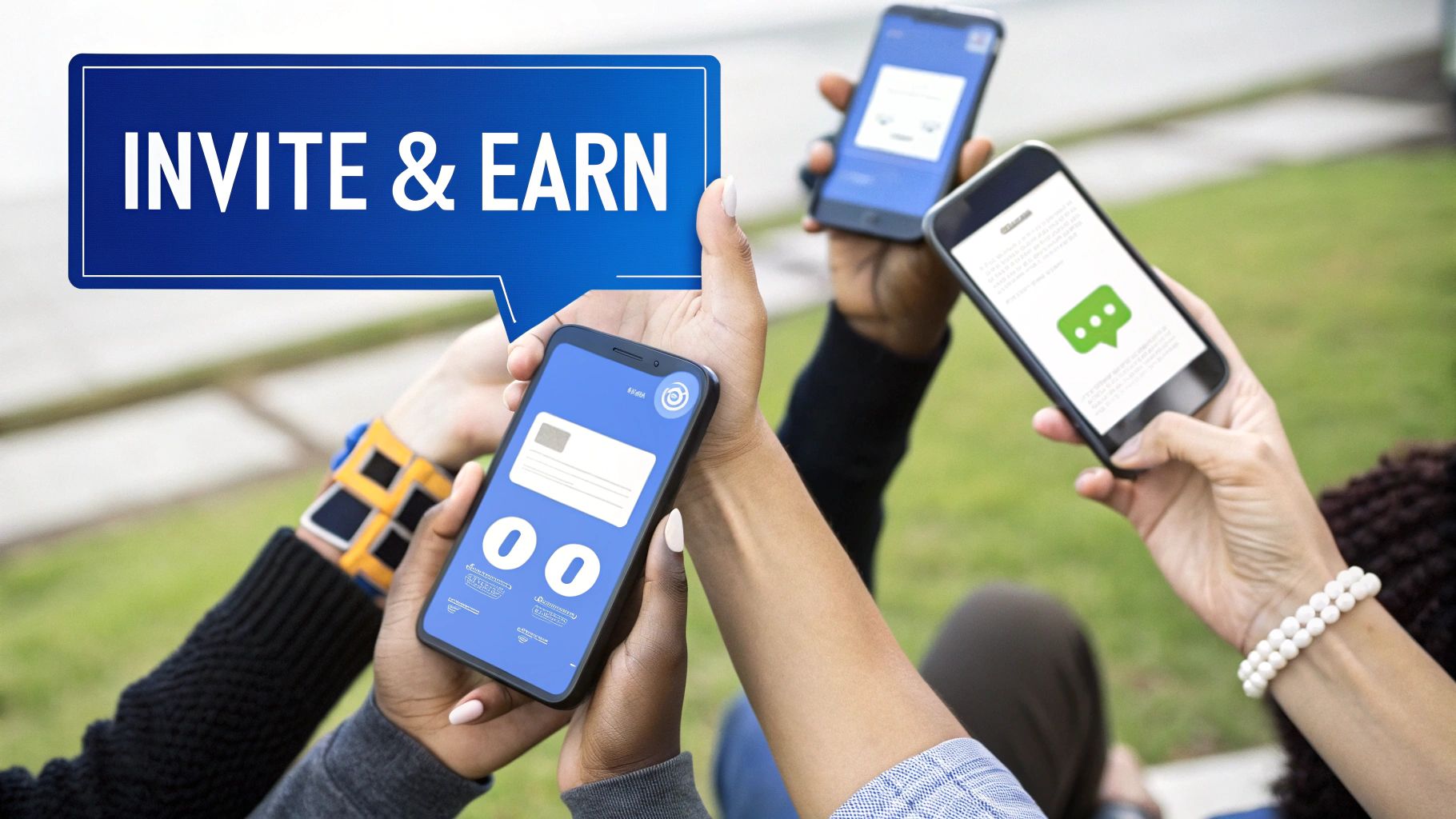 A group of hands holding smartphones with a blue 'INVITE & EARN' banner, suggesting a referral program.