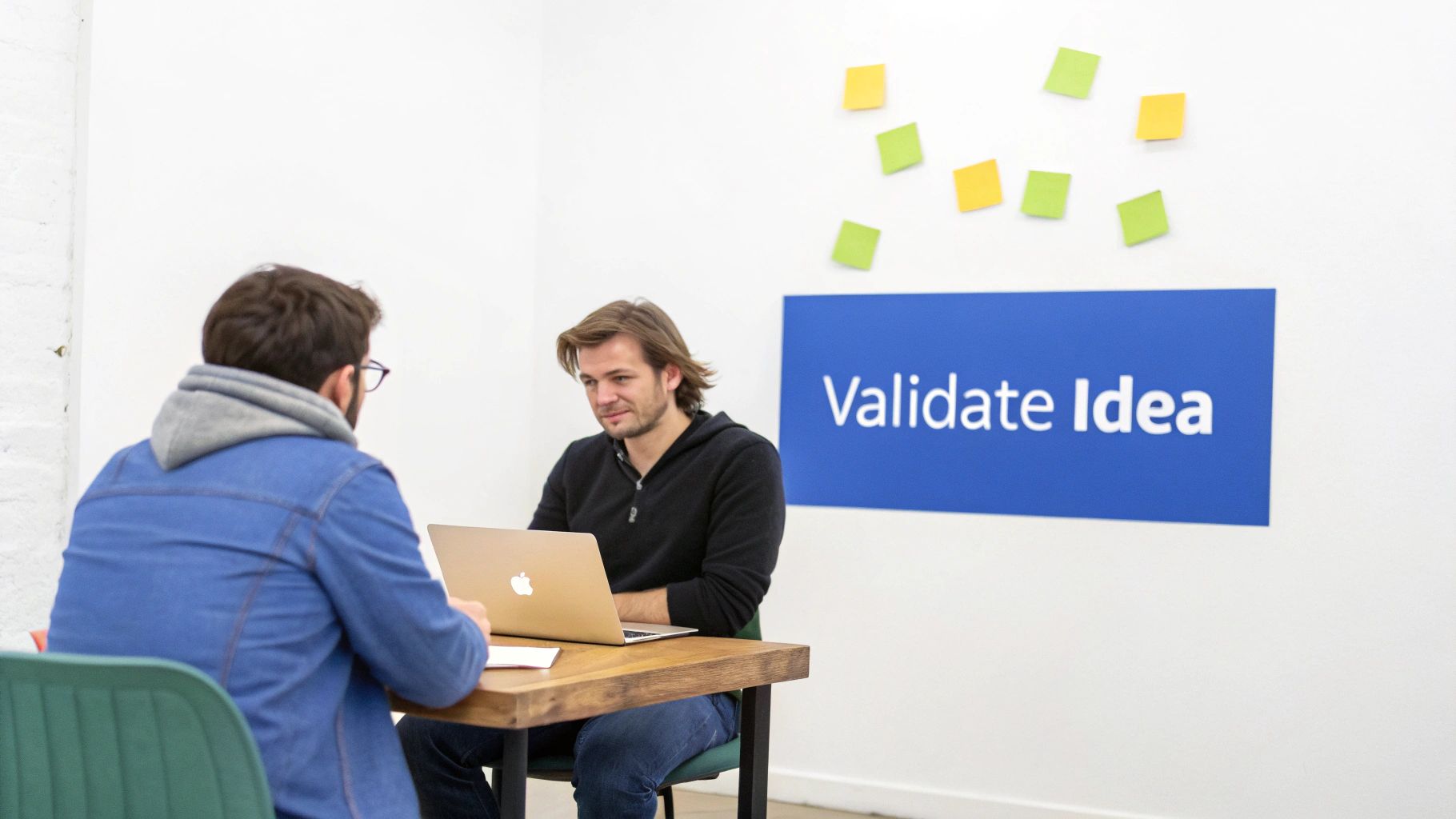 Two entrepreneurs having business meeting discussing idea validation for SaaS application development