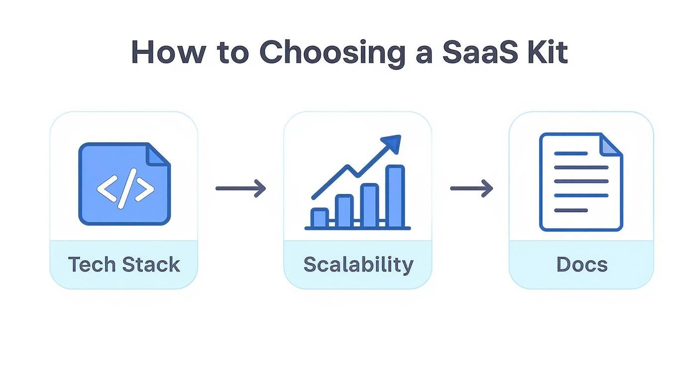 Three step process diagram showing tech stack, scalability, and documentation considerations for choosing SaaS starter kit