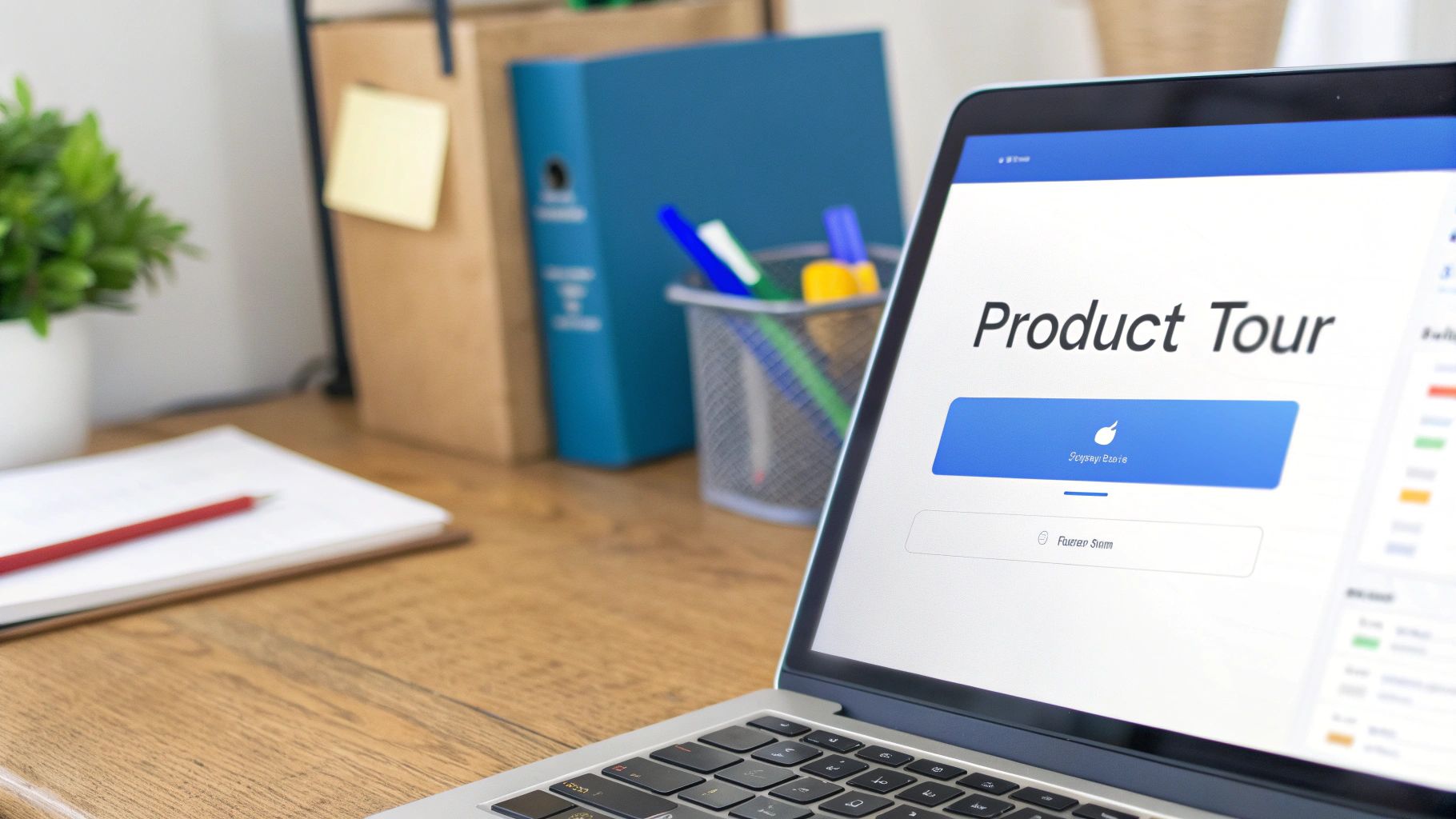 Laptop screen displays 'Product Tour' on a wooden desk, illustrating modern SaaS onboarding.