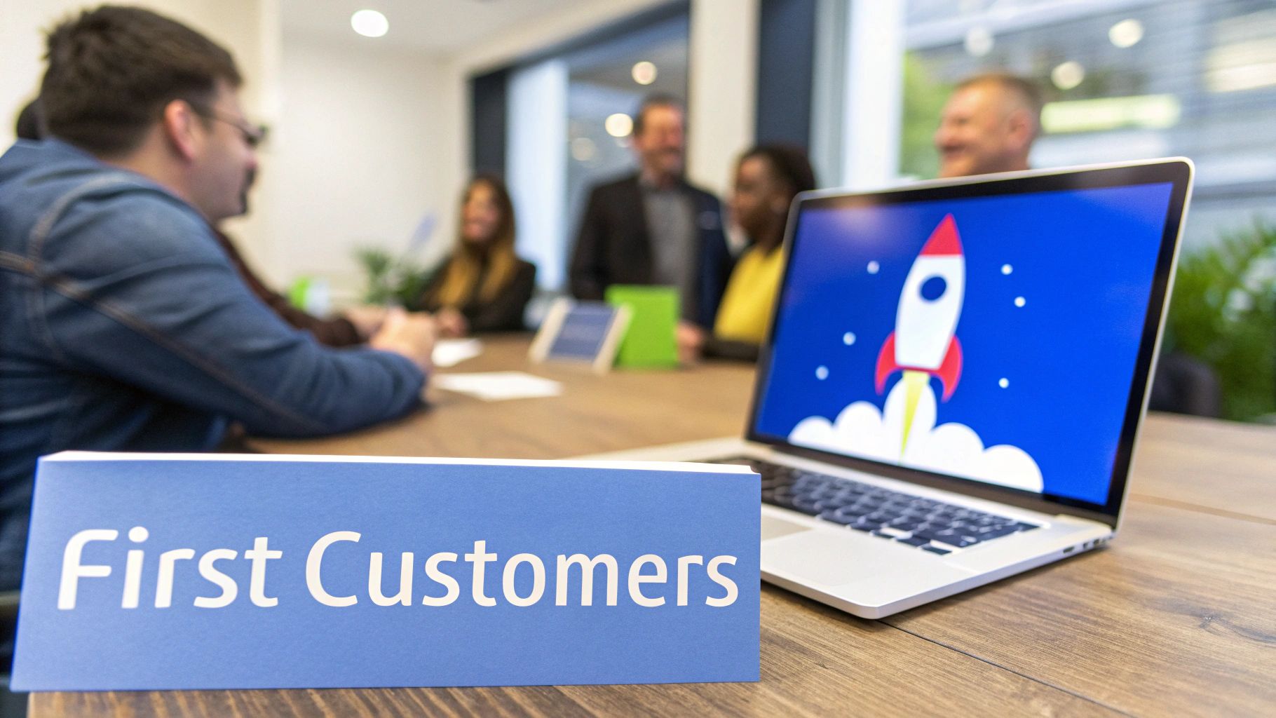 A 'First Customers' sign on a wooden table during a business meeting with a laptop showing a rocket launch.
