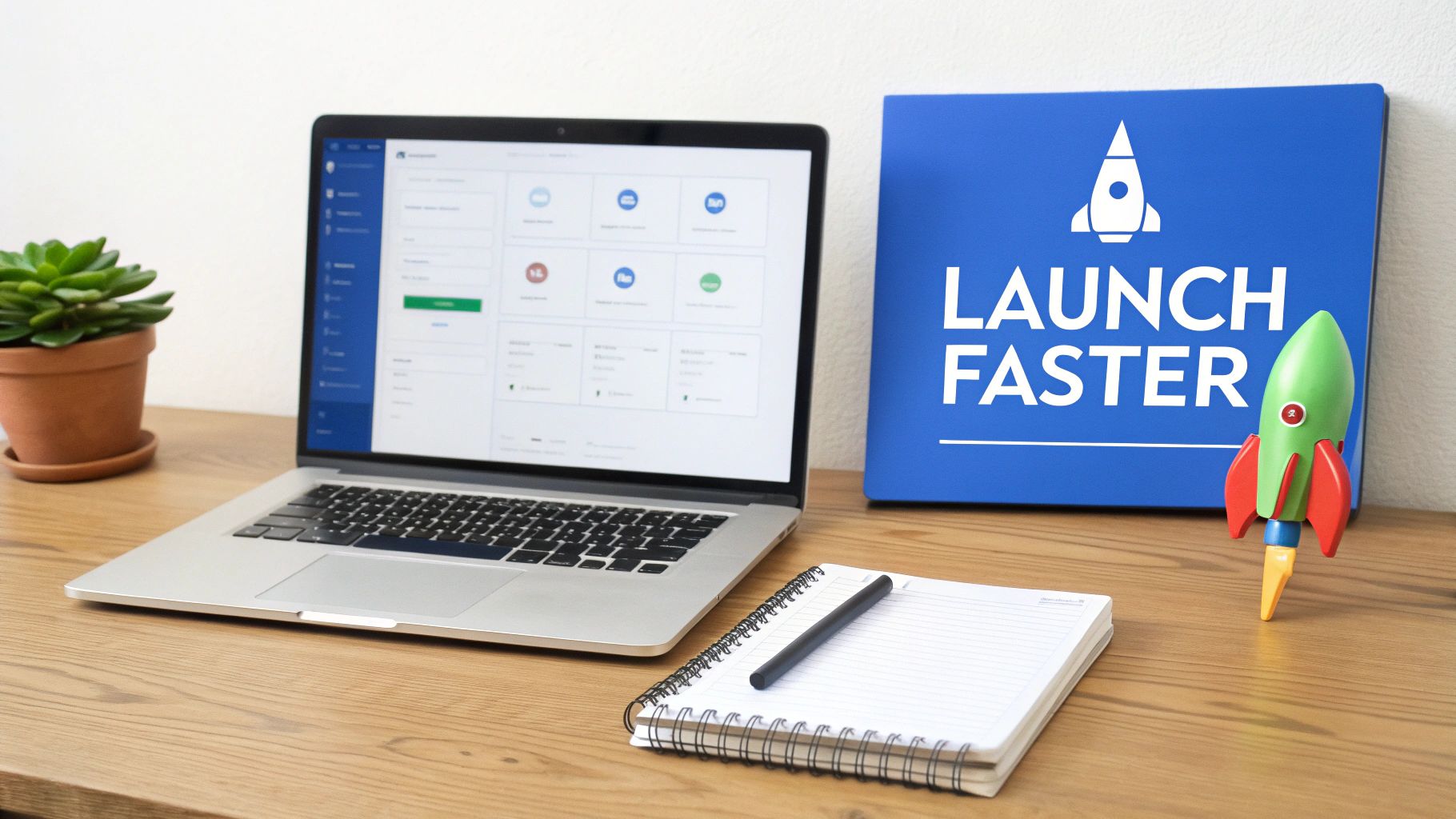 Laptop displaying dashboard interface with Launch Faster sign and colorful rocket on wooden desk