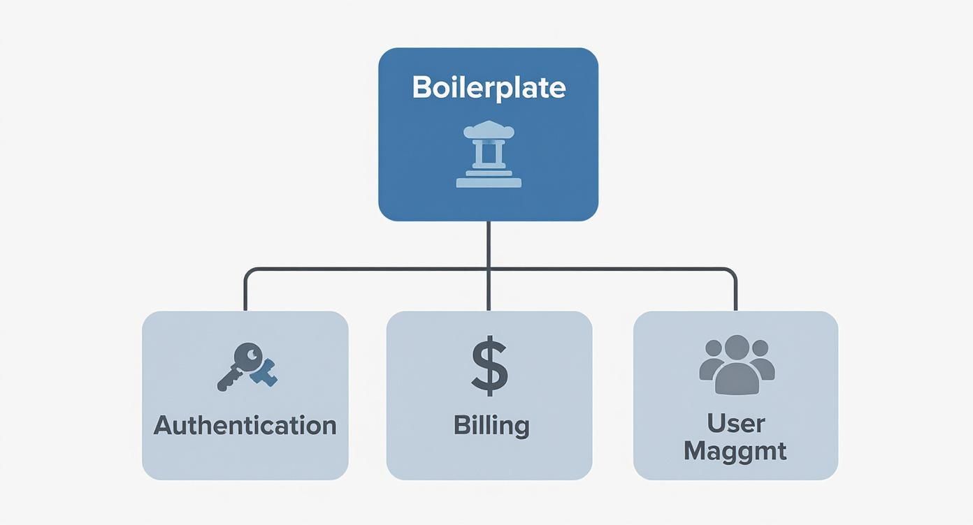 A diagram illustrating a 'Boilerplate' system connected to essential modules: Authentication, Billing, and User Management.