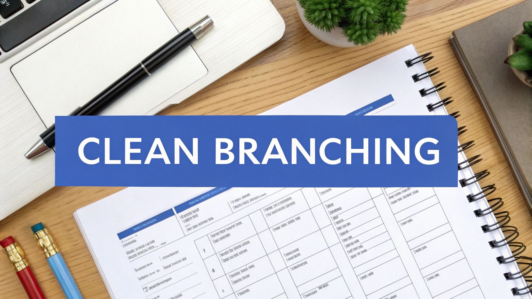 Overhead view of a desk with a laptop, notebooks, a pen, and a blue banner displaying 'CLEAN BRANCHING'.