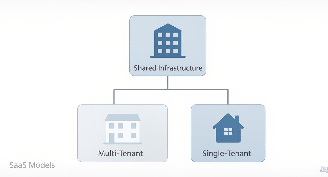 Diagram showing SaaS models hierarchy with shared infrastructure branching to multi-tenant and single-tenant architectures