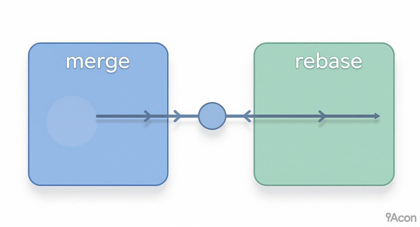 Diagram comparing Git 'merge' and 'rebase' operations, represented by connected blue and green boxes.