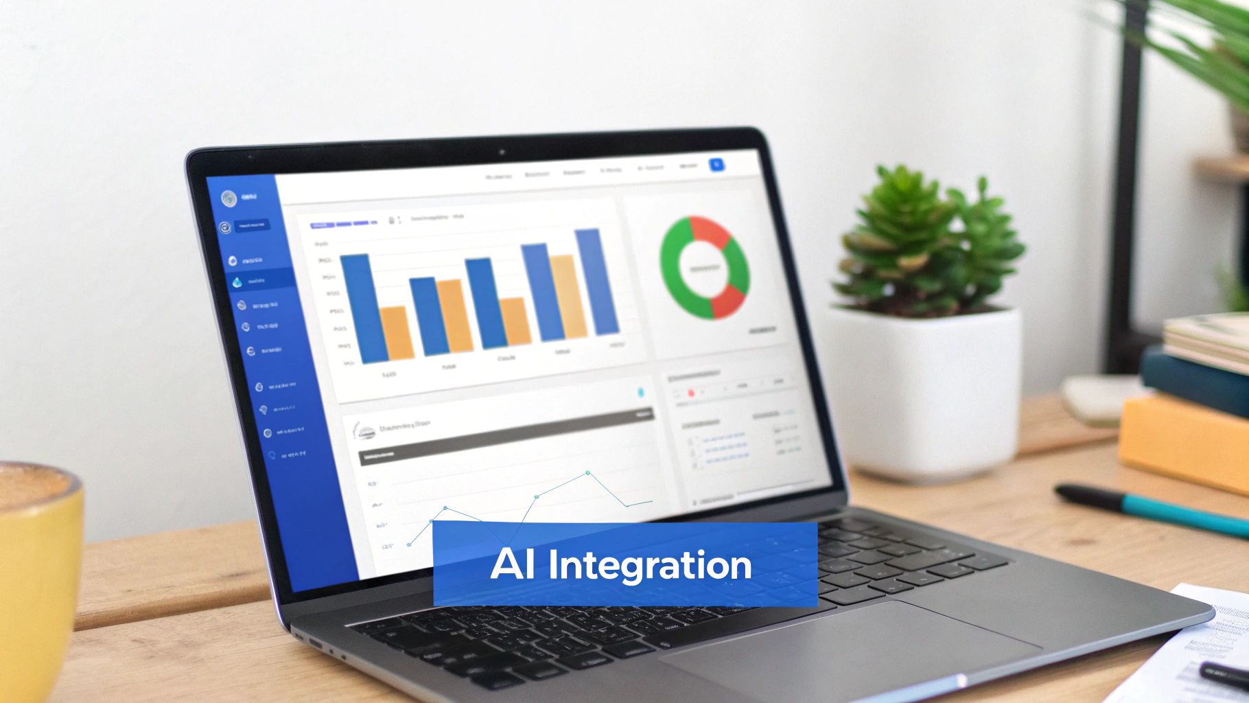 Laptop displaying a data analytics dashboard with charts and an 'AI Integration' banner on a desk.