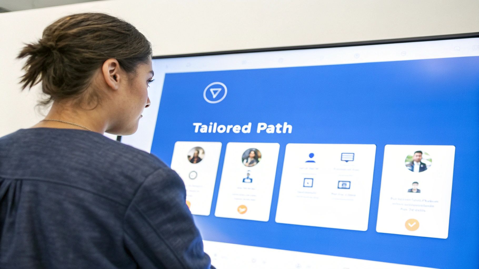 A person views a large blue screen displaying a 'Tailored Path' digital interface with cards.