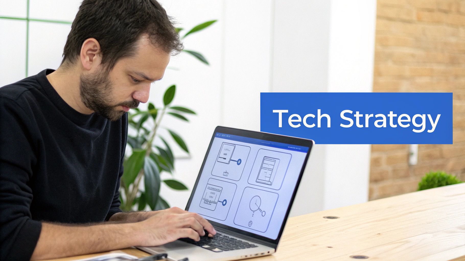 A man focused on his laptop screen, working on a tech strategy with system diagrams.
