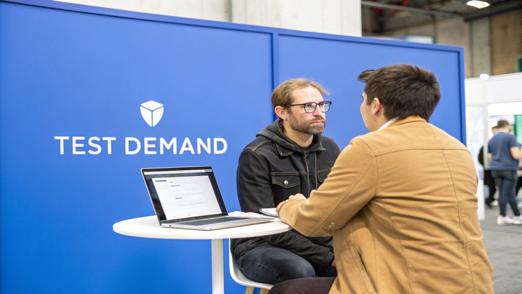 Two men discussing at a 'TEST DEMAND' booth with a laptop, likely at a business event.