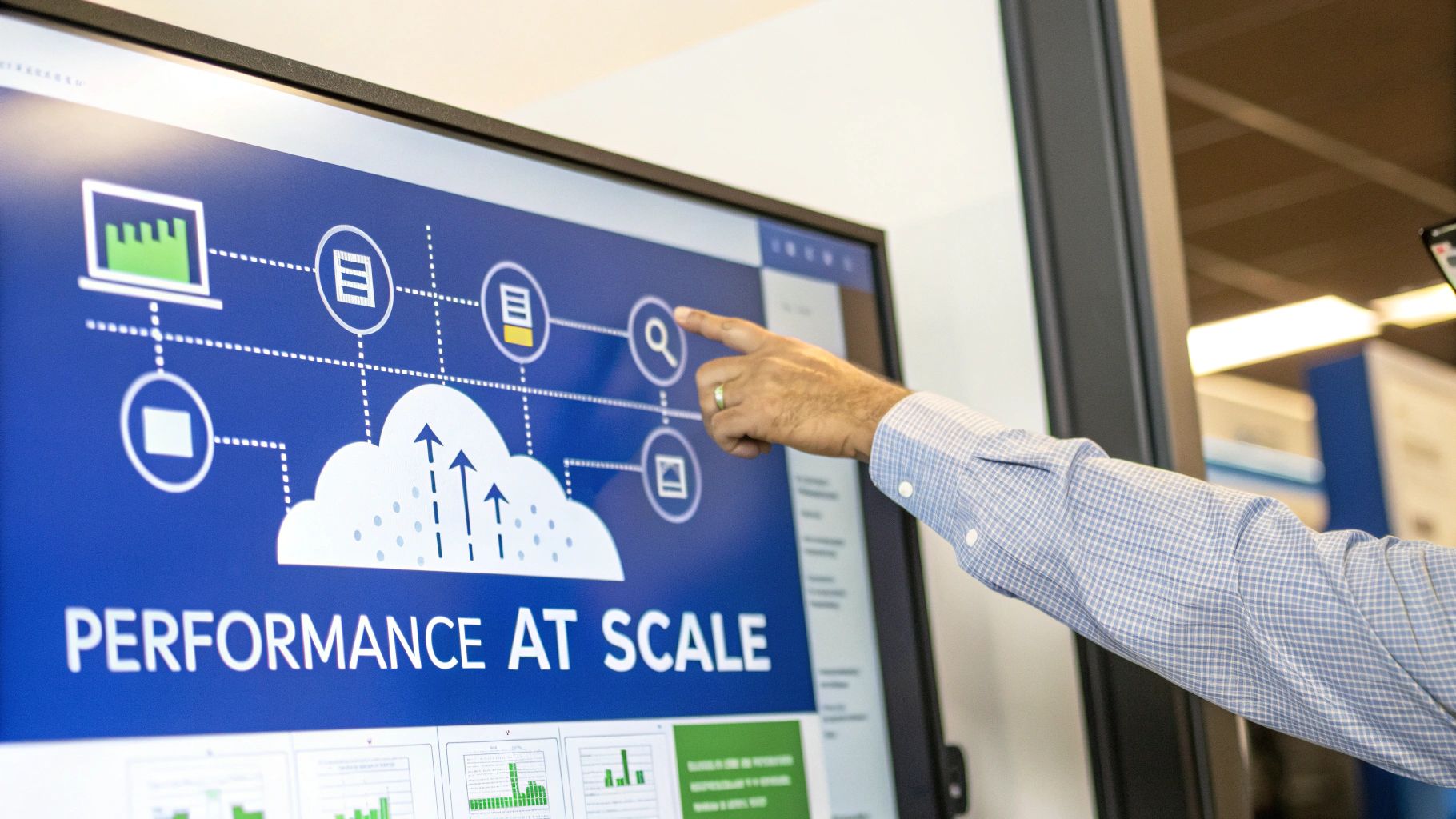 Business professional pointing at cloud computing performance at scale diagram on digital screen display