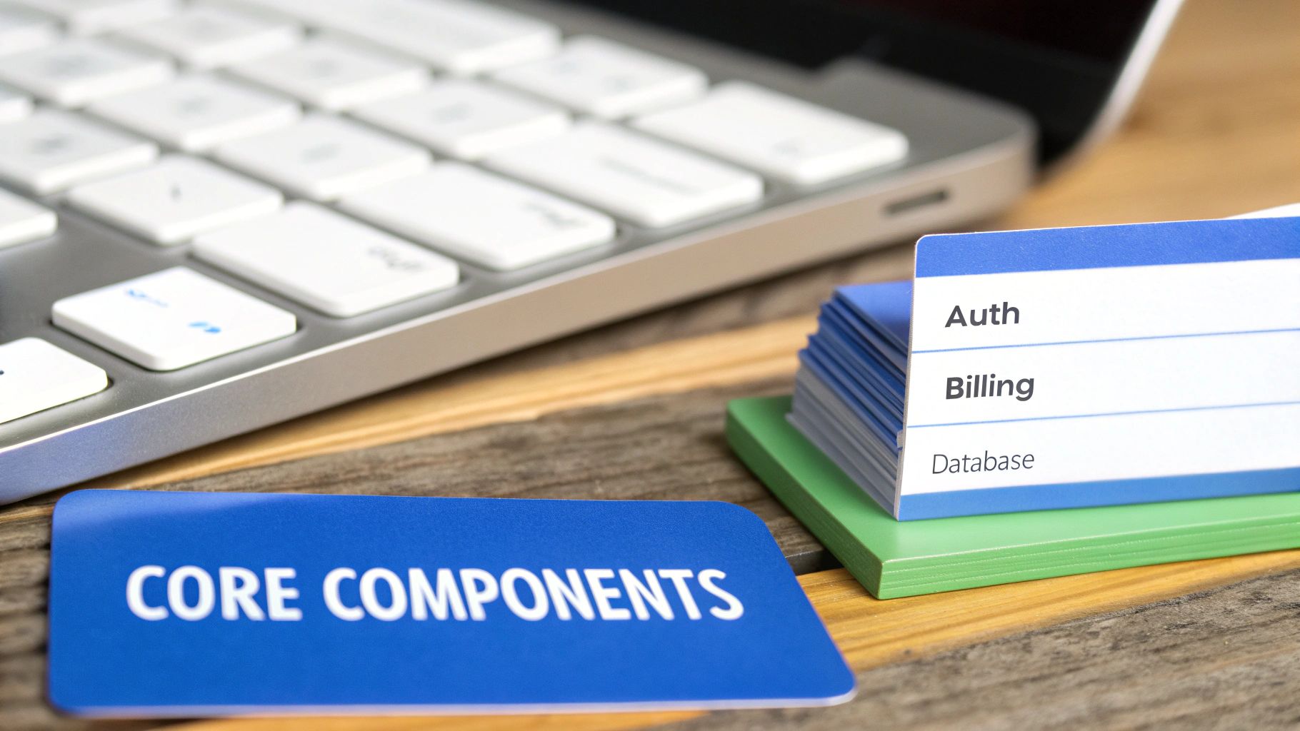 Core components cards showing Auth, Billing, and Database layers stacked on desk with keyboard