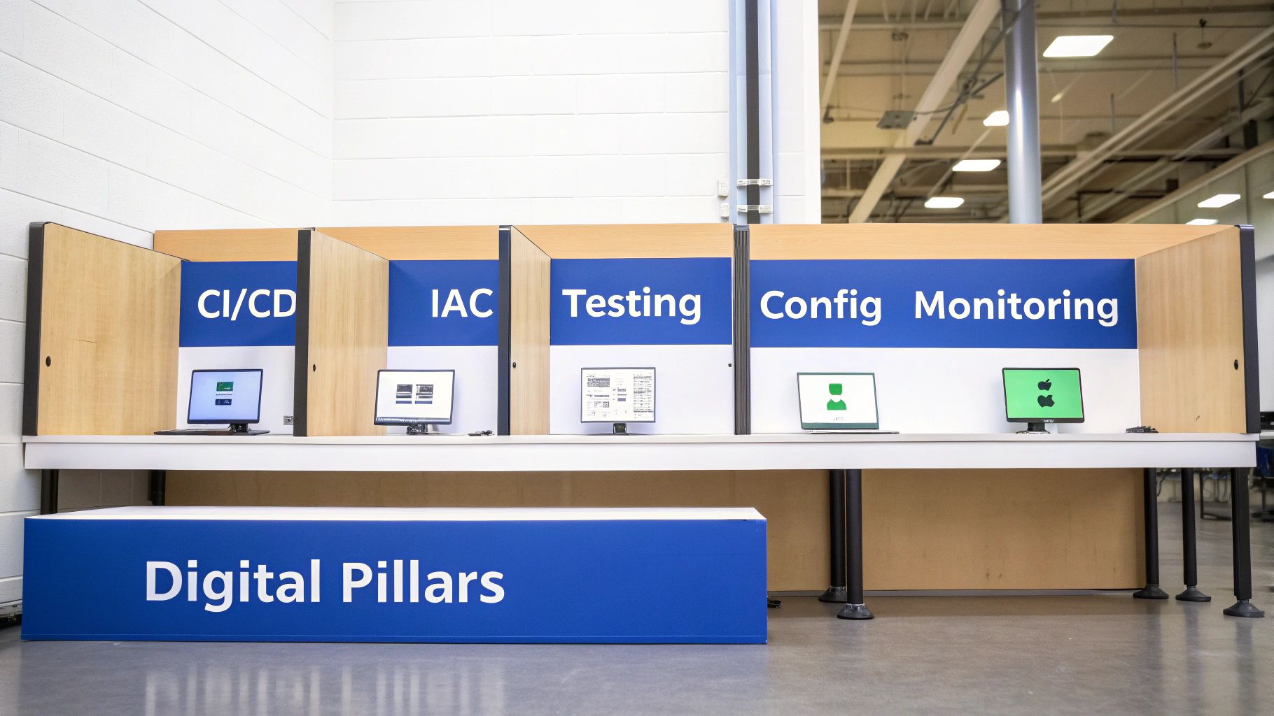 A display showcases the five digital pillars of DevOps: CI/CD, IAC, Testing, Config, Monitoring, with monitors.