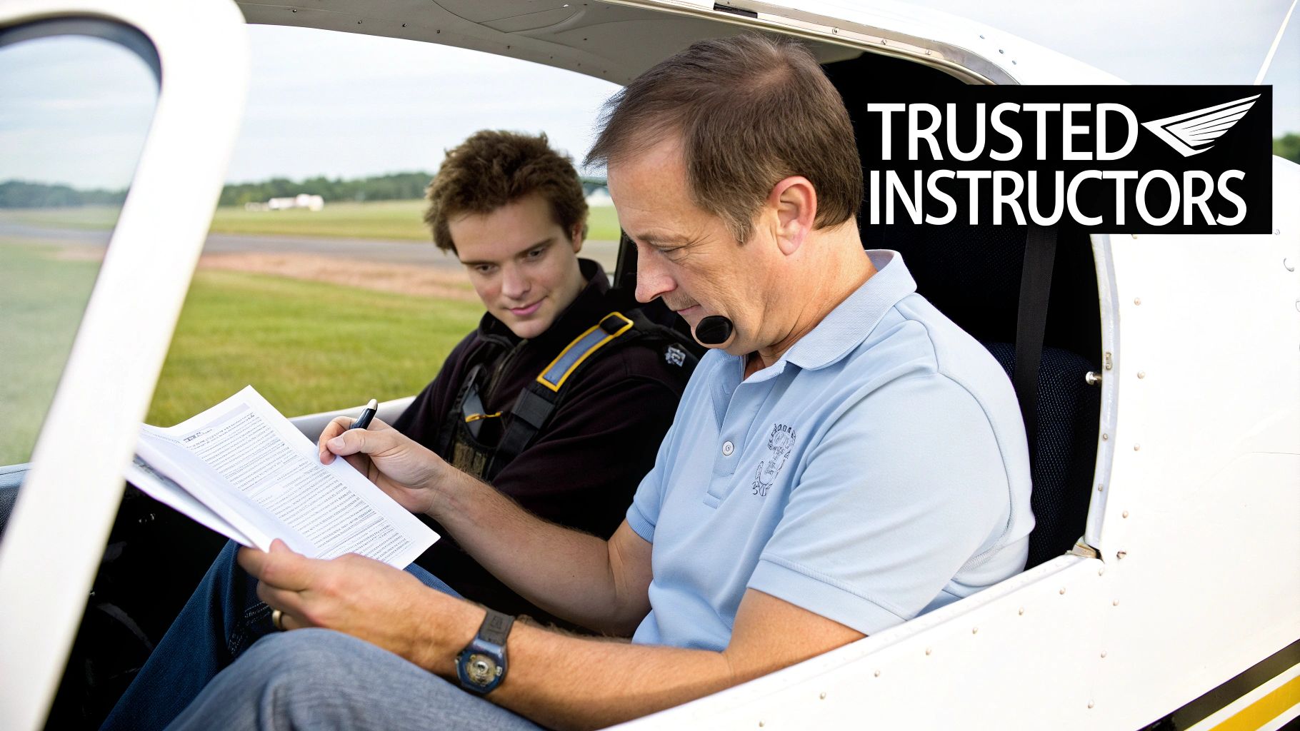 How to Choose a Flight School for Your Airline Pilot Career 4 An instructor and student pilot discussing a flight plan in front of an airplane.