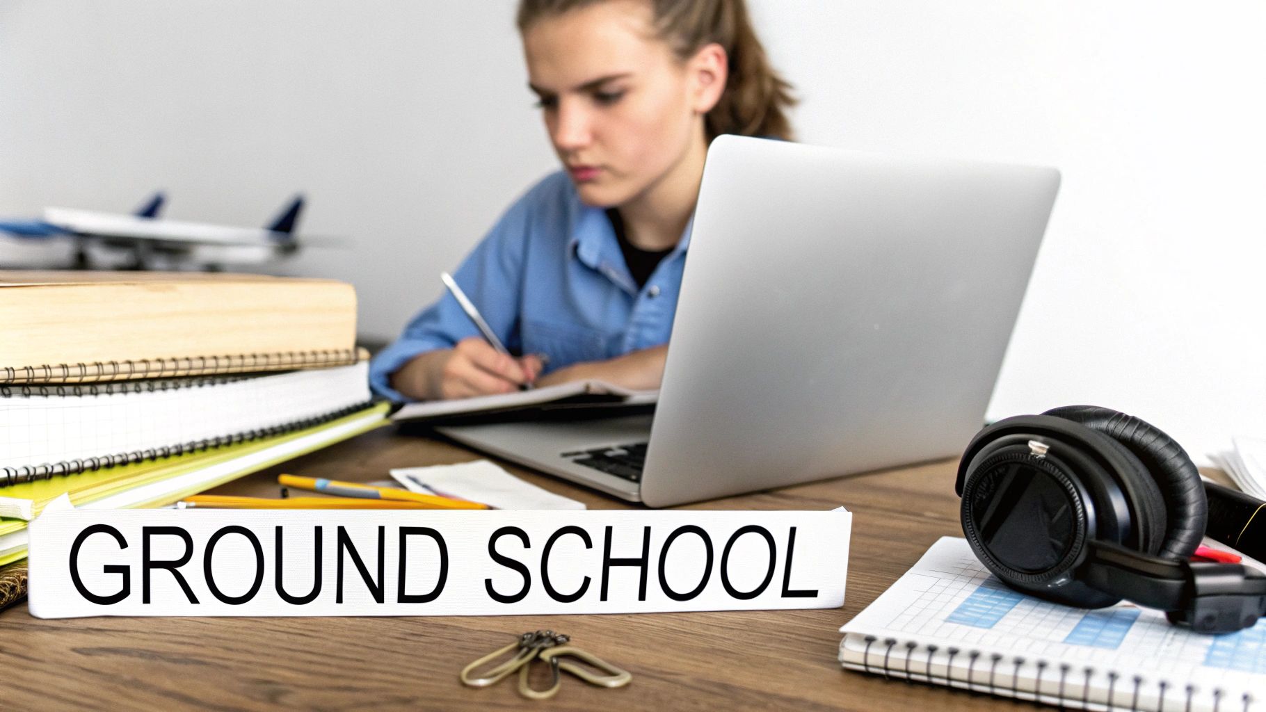 How to Become a Private Pilot License Holder 3 A student pilot reviewing aviation charts and study materials in a classroom setting.