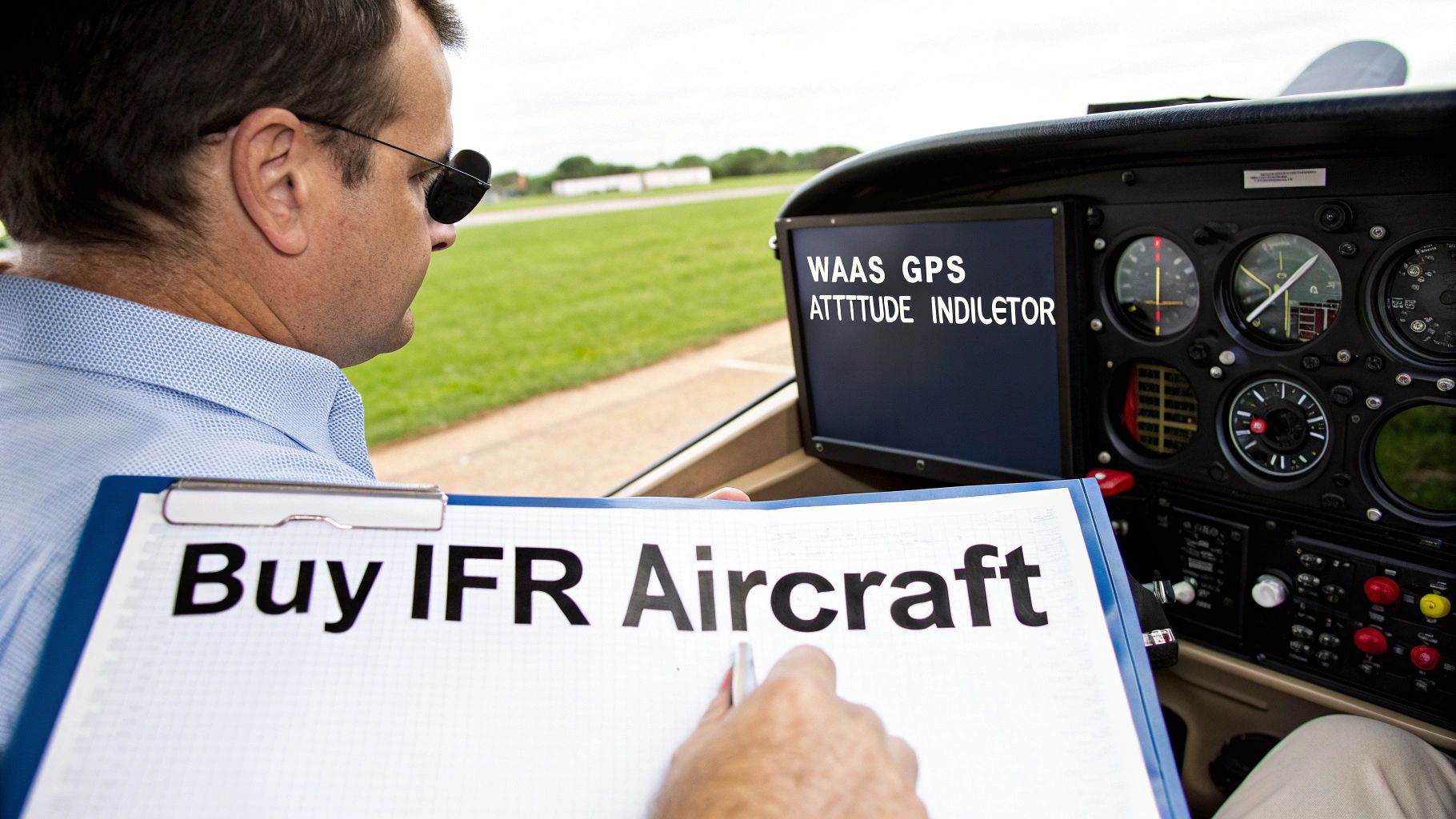 Your Guide to the Instrument Rating Course 5 A sleek, modern aircraft with advanced avionics sits on an airport tarmac at sunrise