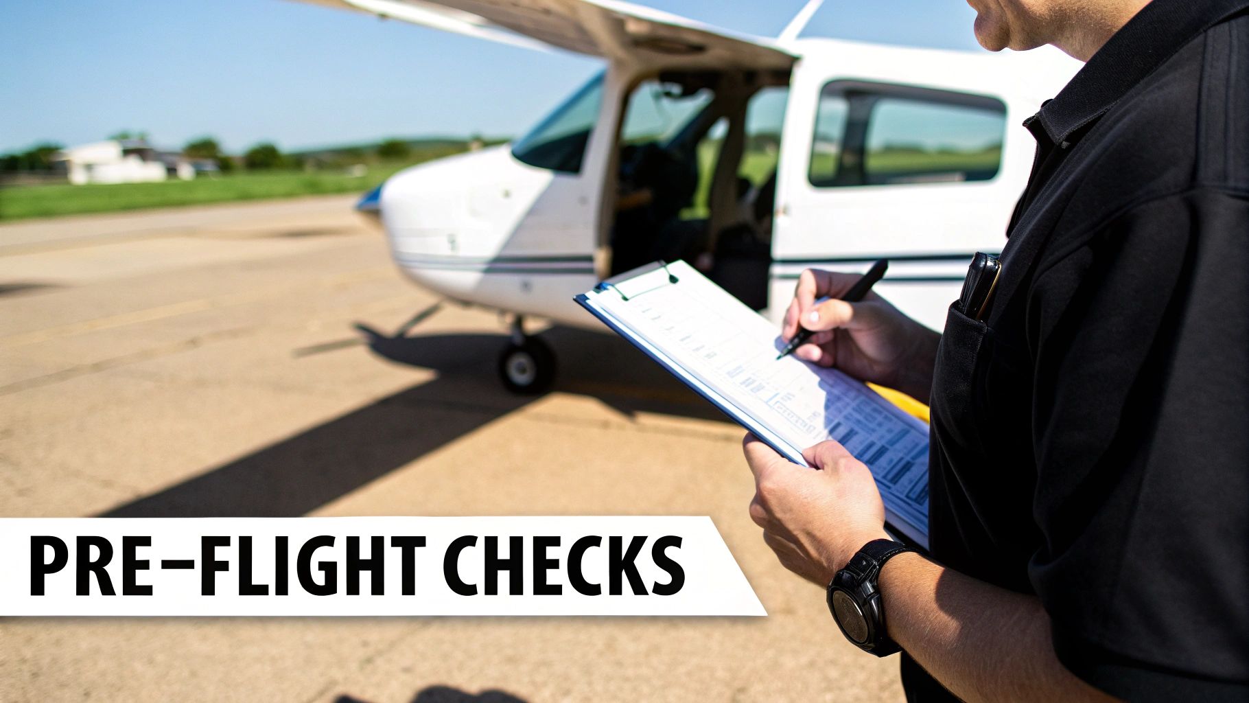 How Can I Get My Pilot's License A Career Guide 3 A pilot conducting a pre-flight inspection of a small airplane on the tarmac.
