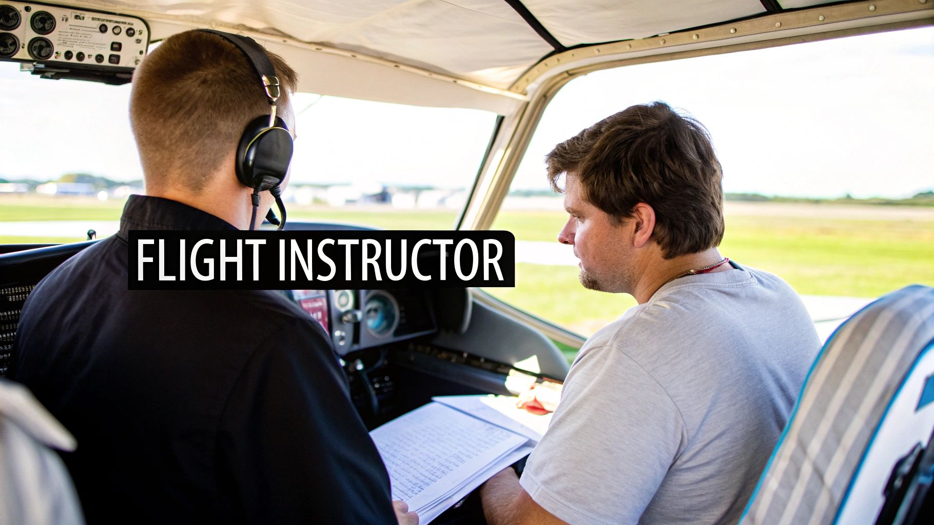 How to Become a Flight Instructor A Practical Guide 2 A flight instructor and student pilot in the cockpit of a small aircraft during a lesson.