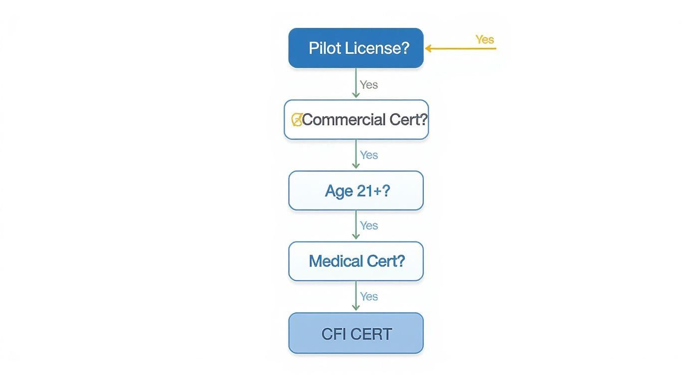 How to Become a Flight Instructor A Practical Guide 3 Infographic showing a decision tree for becoming a flight instructor, starting with pilot license and ending with CFI certificate.