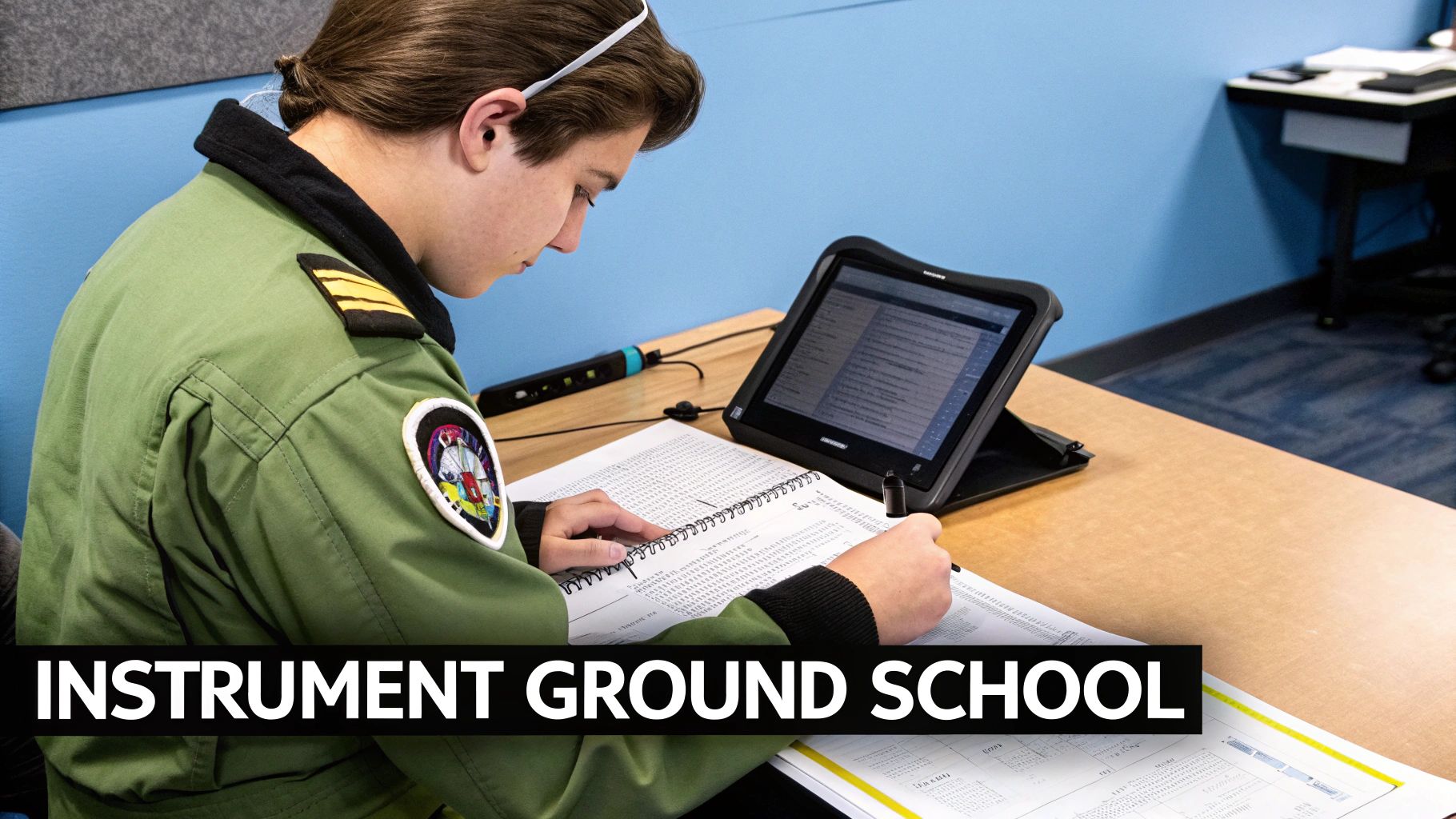 Your Guide: how to get instrument rating 3 Student pilot studying IFR charts in a classroom setting