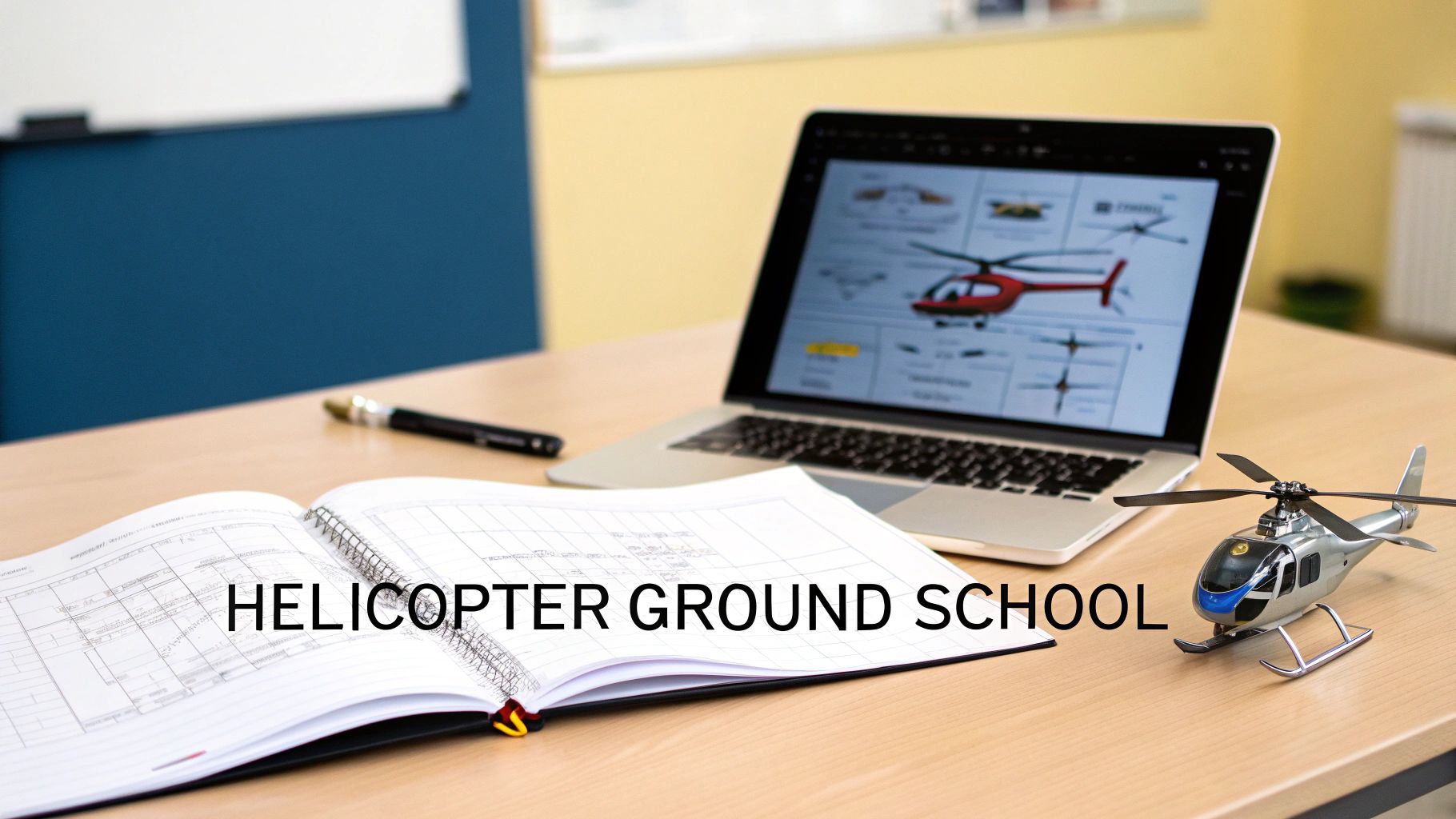 Your Guide to a Private Pilot Helicopter License 4 A classroom setting with aviation charts and models, suggesting a ground school environment.