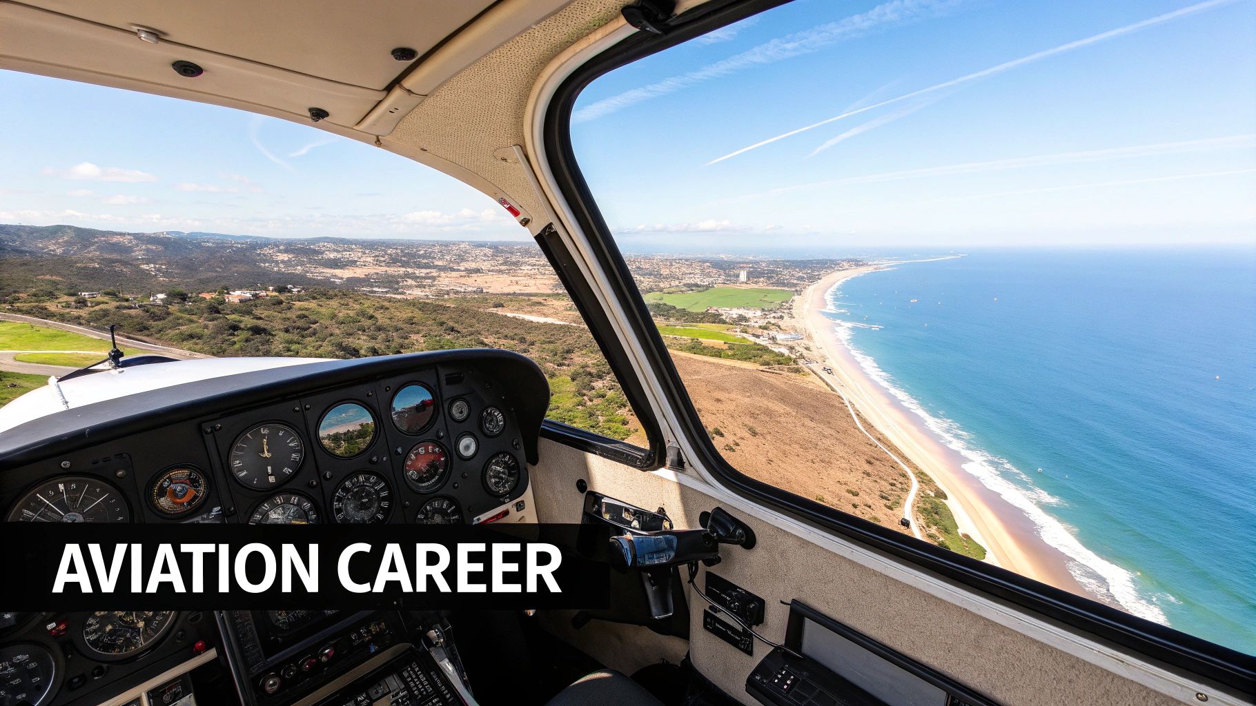 Flying Lessons Southern California | Your Career as a Pilot Starts Here 2 A small propeller plane flying over a coastline with mountains in the background, representing flying lessons in Southern California.