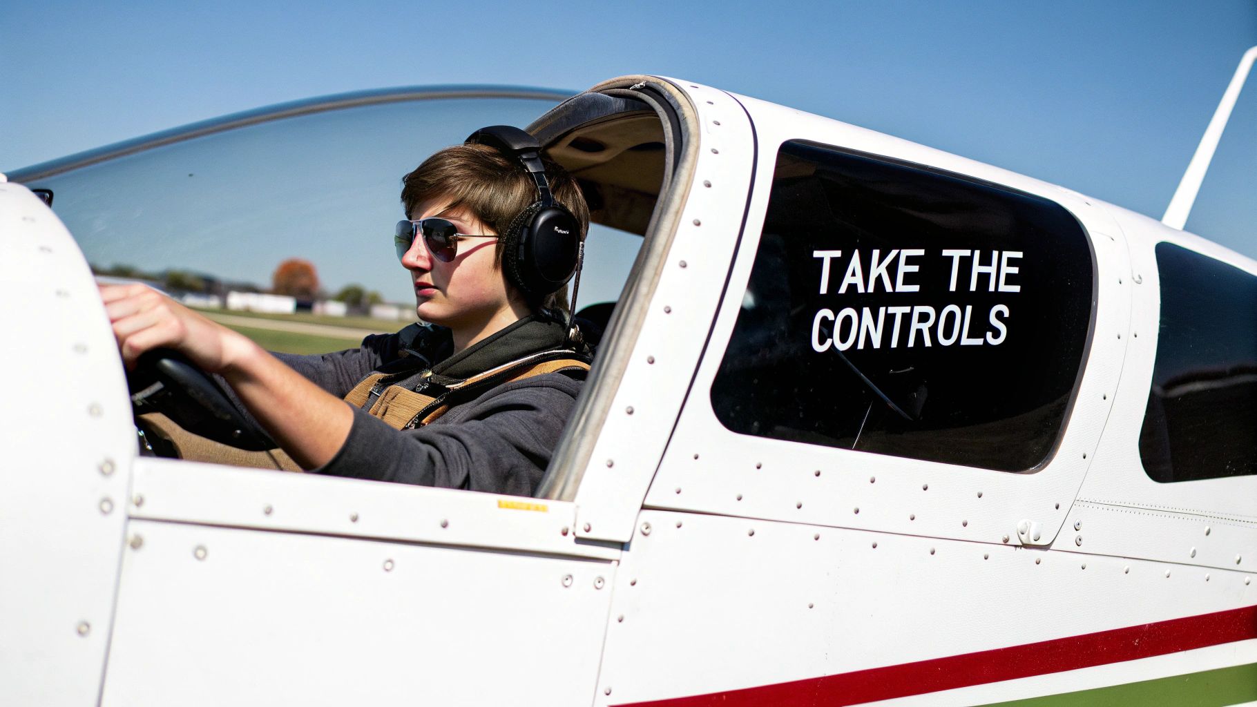 How to Become a Private Pilot License Holder 4 A student pilot smiling in the cockpit of a training aircraft with their instructor.