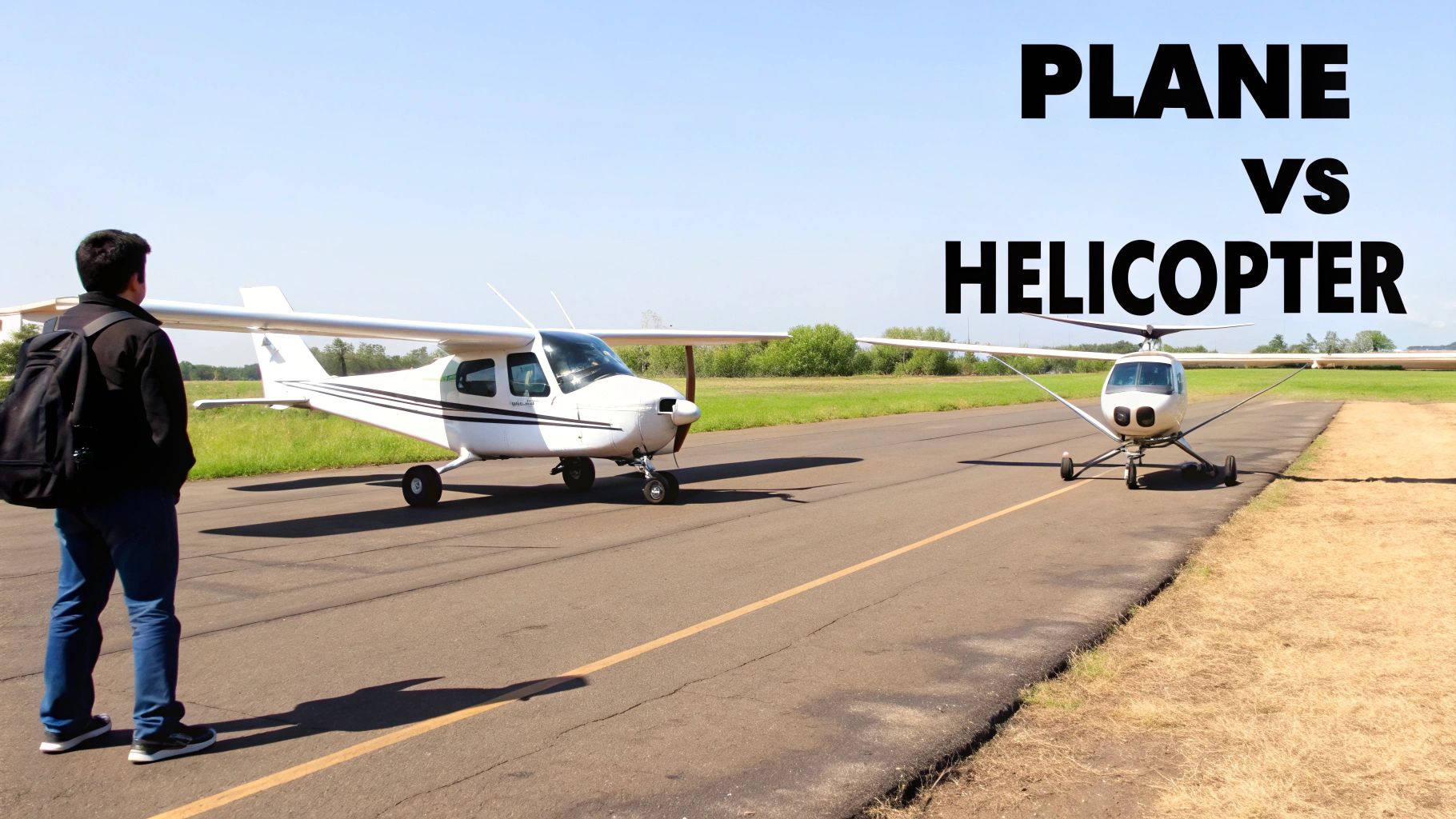 Introductory Flight Lesson Cost Explained 3 A helicopter and an airplane parked side-by-side on an airfield.