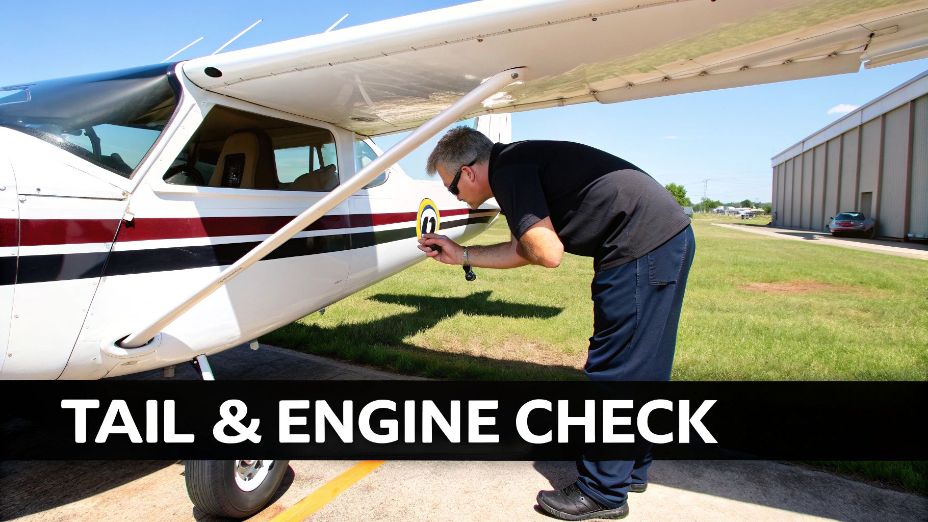 Mastering Pre Flight Checks Cessna 172 3 A pilot inspecting the propeller of a Cessna 172 on the tarmac