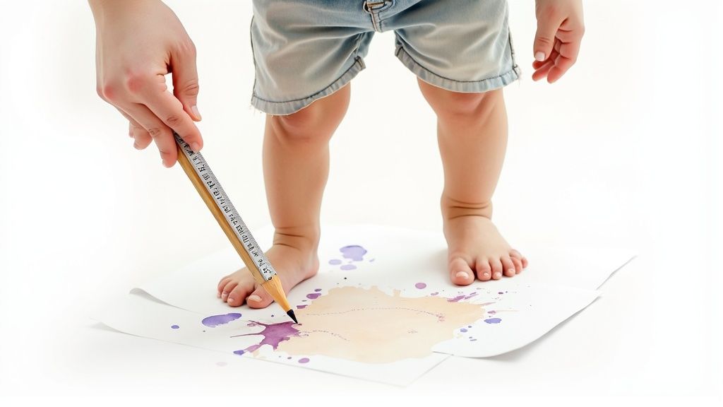 Adult hand helping toddler trace footprint on paper with watercolor paint for size measurement