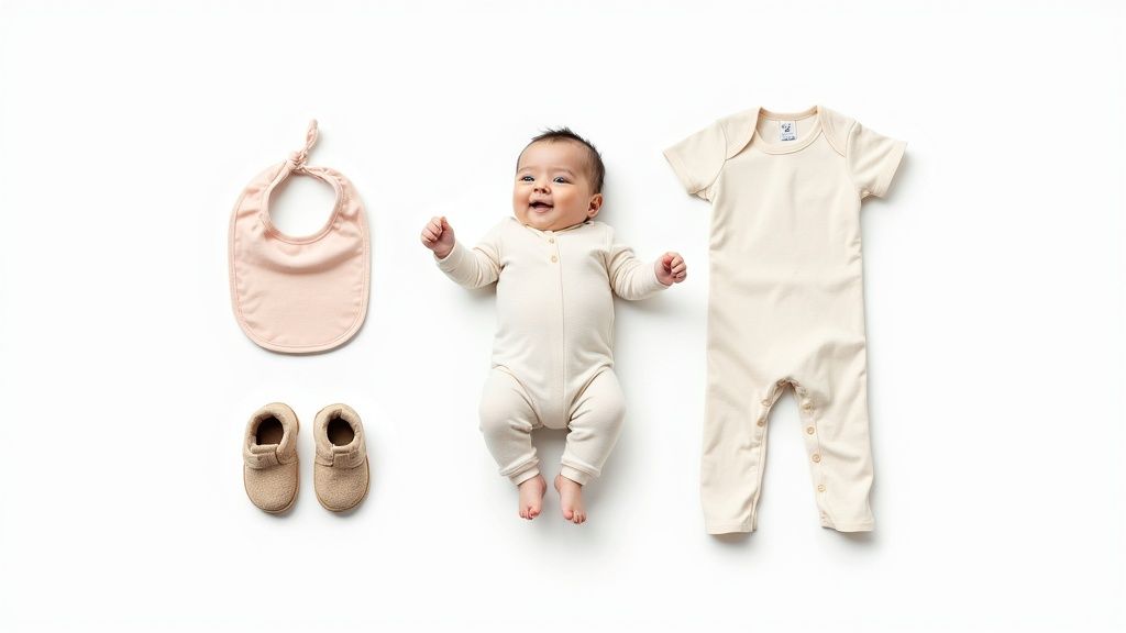 A happy baby surrounded by neutral-colored baby clothes, including a bib, shoes, and rompers.