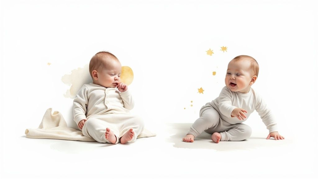 Two adorable babies in soft, breathable outfits; one pensive, one joyful, with gold accents.