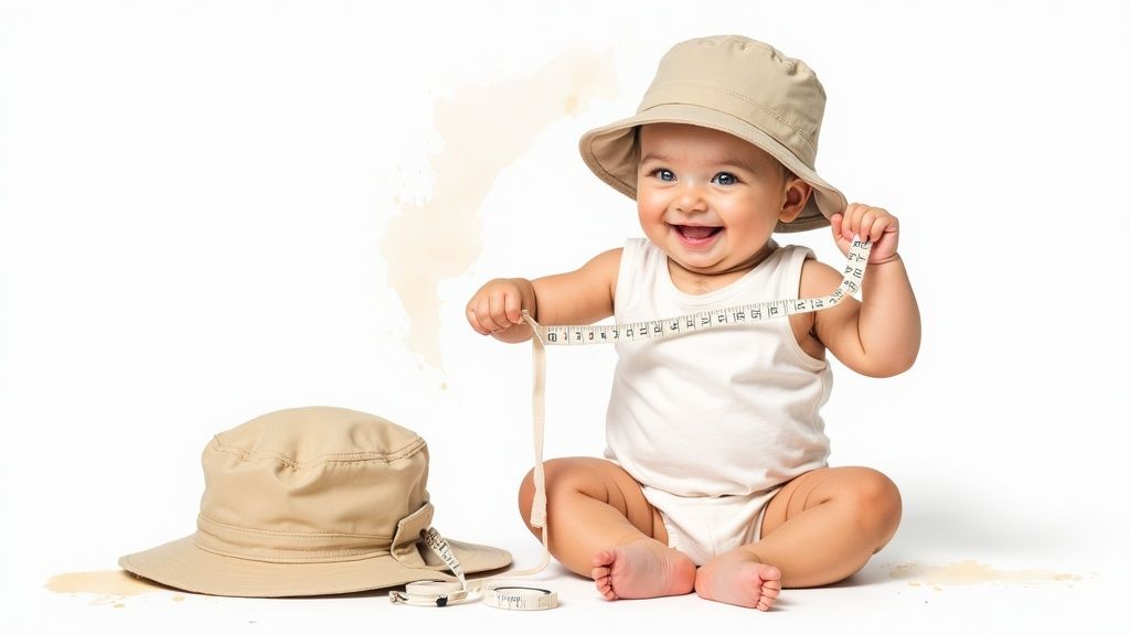 Adorable baby in a sun hat joyfully playing with a measuring tape on a white background.
