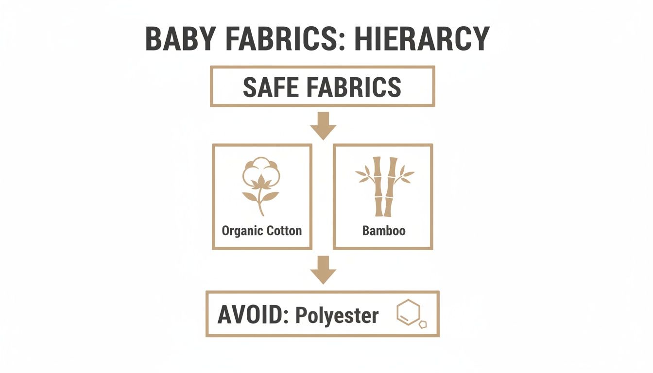 A hierarchy chart showing safe baby fabrics like organic cotton and bamboo, and advising to avoid polyester.