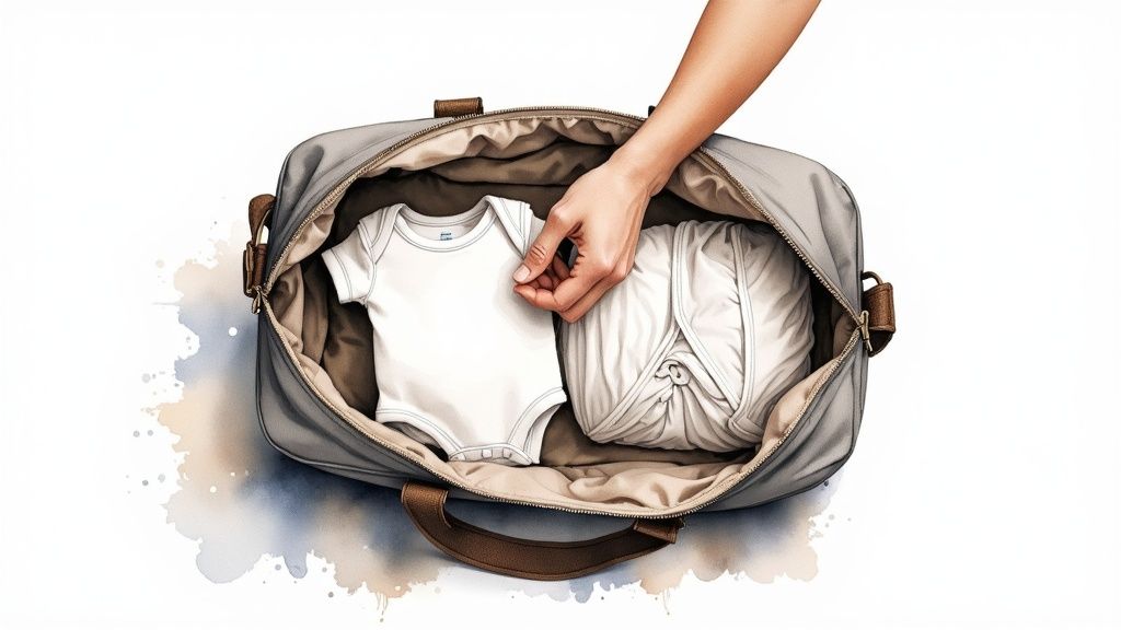 A hand places a white newborn baby bodysuit into a gray open diaper bag alongside other items.