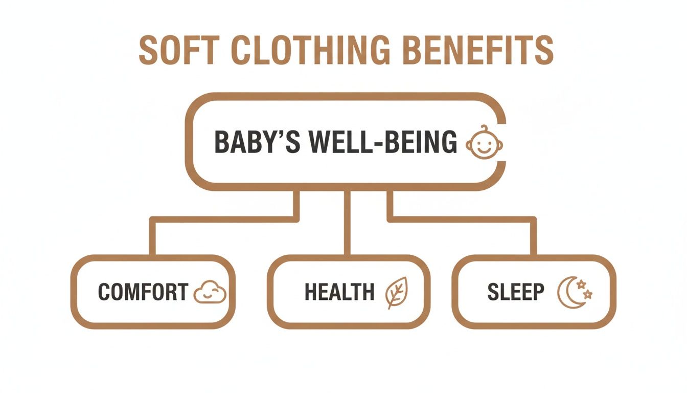 A diagram illustrating the benefits of soft clothing for baby's well-being, including comfort, health, and sleep.