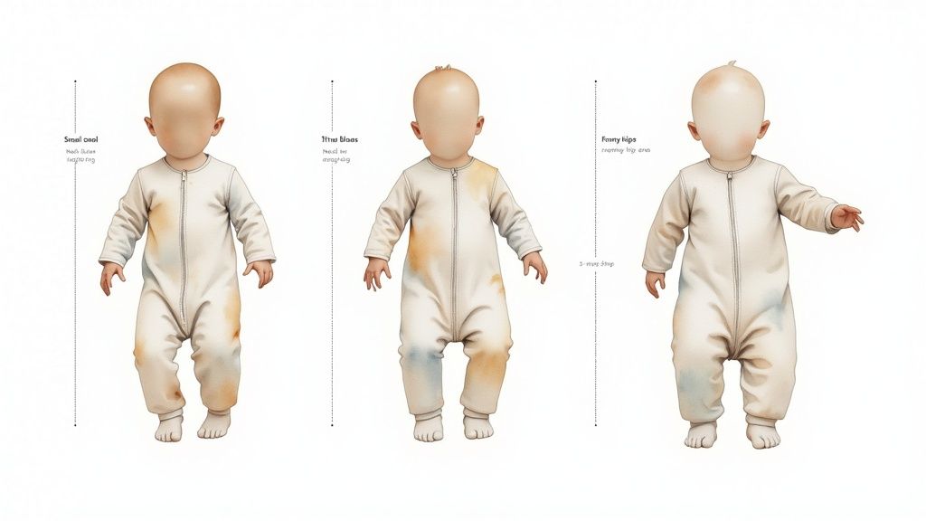 Three baby figures showing common sleep sack stains including spit-up, tired knees, and funny legs