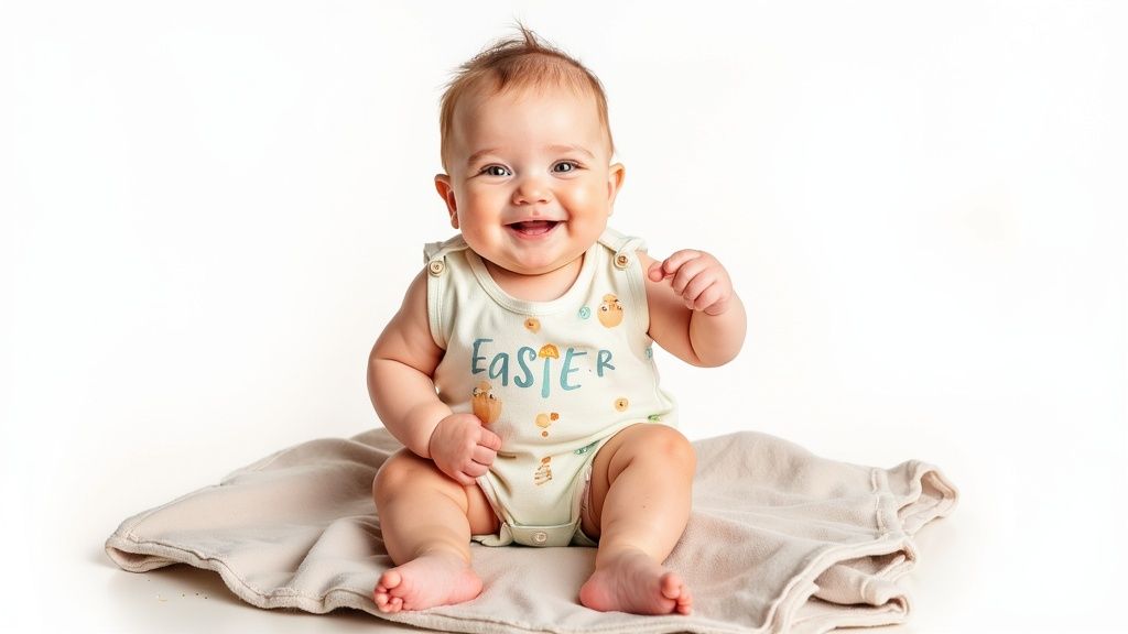 A happy baby with a big smile wearing a light green 'Easter' romper, sitting on a beige blanket.