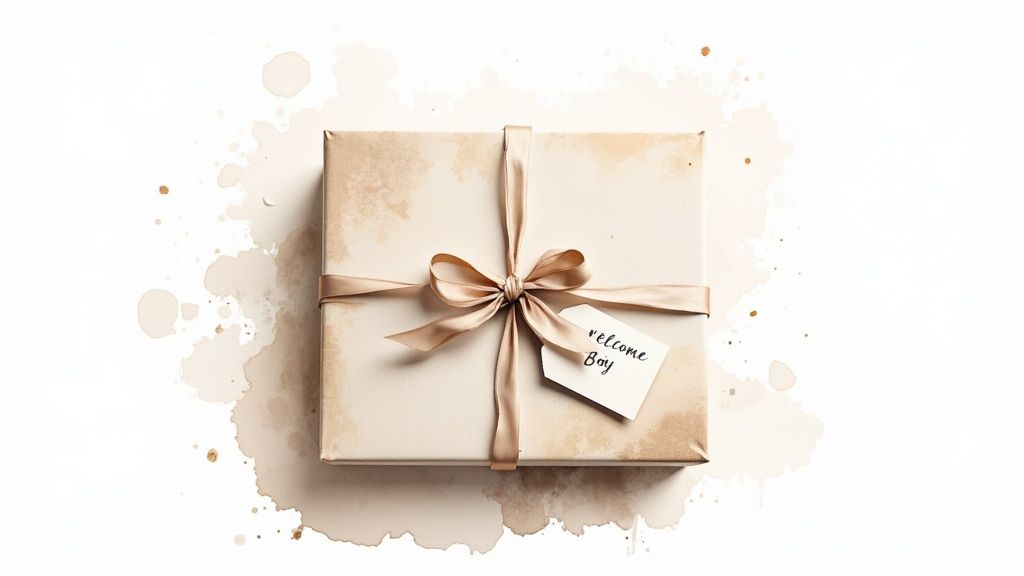 A rustic cream-colored gift box with a tan ribbon and a 'Welcome Boy' tag.
