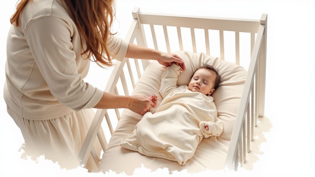 Mother gently touching baby lying in white wooden crib wearing cream sleep sack