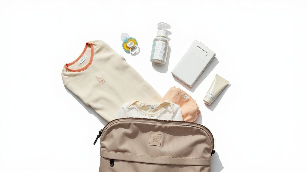 A flat lay of various baby essentials, including clothes, pacifier, toiletries, and a diaper bag.