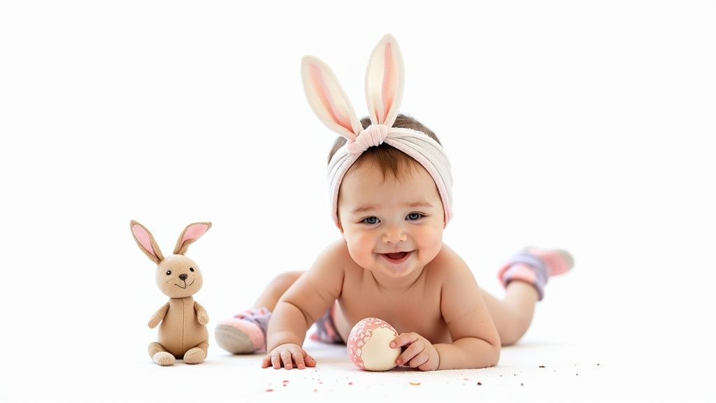 Happy baby wearing bunny ears, holding an Easter egg next to a plush rabbit toy.