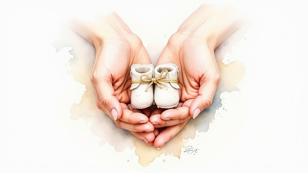 Watercolor illustration of cupped hands holding adorable white baby shoes with a gold ribbon.