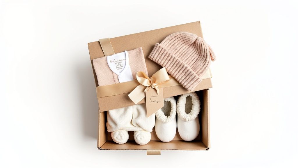A cozy collection of baby essentials, including a hat, cardigan, pants, and booties, presented in a gift box.
