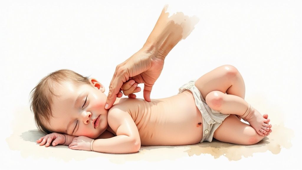 A parent gently touching their baby's forehead to check for temperature.