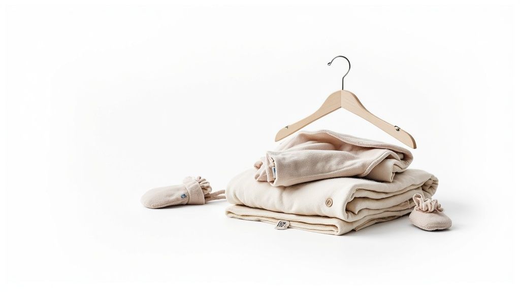 A newborn baby is comfortably dressed in soft, white clothing while resting.