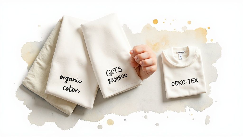 Cream textiles featuring 'organic coton', 'GOTS BAMBOO' fabric, and an 'OEKO-TEX' baby shirt.
