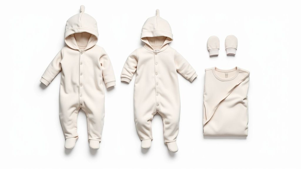 A collection of soft, neutral baby clothes and essentials laid out for a hospital bag.